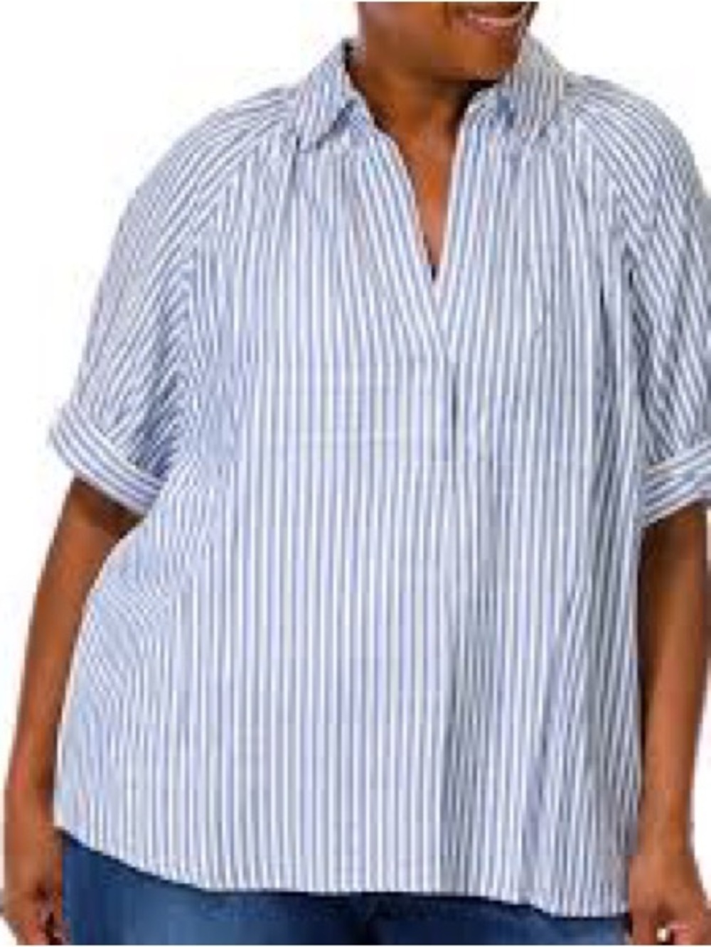 Max Studio Blue and White Vertical Stripe V-Neck Tunic